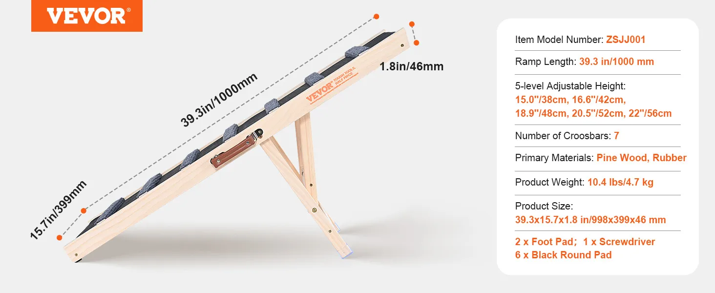 VEVOR dog ramp with adjustable height, pine wood, rubber material, 39.3in long, 7 crossbars.