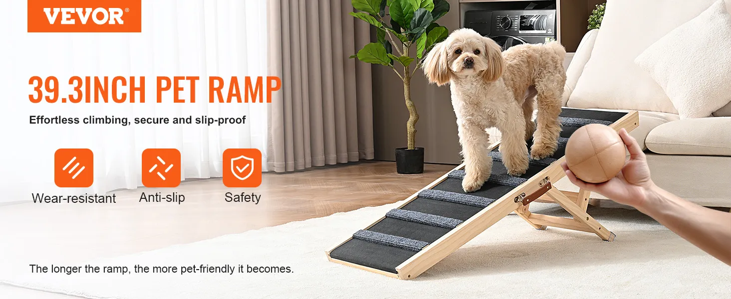 VEVOR dog ramp for effortless climbing, wear-resistant, anti-slip, safe for pets, 39.3 inches long.