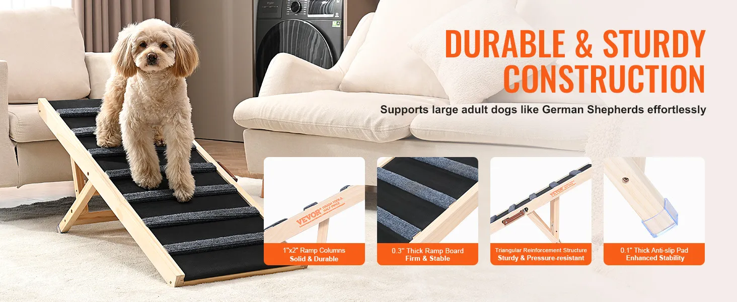 VEVOR dog ramp: durable, sturdy; supports adult dogs with anti-slip pad; ideal for indoor use.