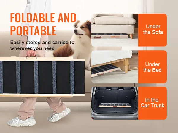 person carrying foldable and portable VEVOR dog ramp, storage options shown: sofa, bed, car trunk.