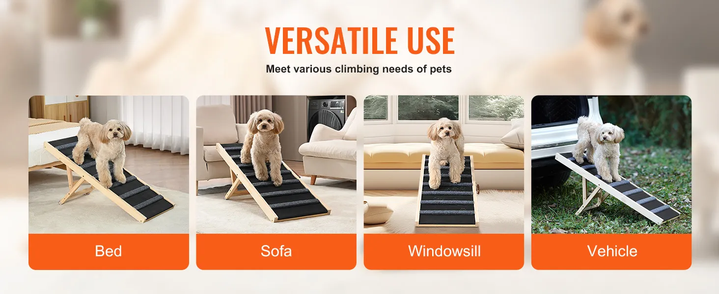 VEVOR dog ramp for bed, sofa, windowsill, and vehicle shown with a small dog using it.