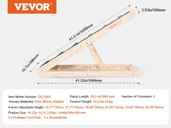 VEVOR dog ramp with 6-level adjustable height, made of pine wood and rubber. ramp length: 39.3 in.
