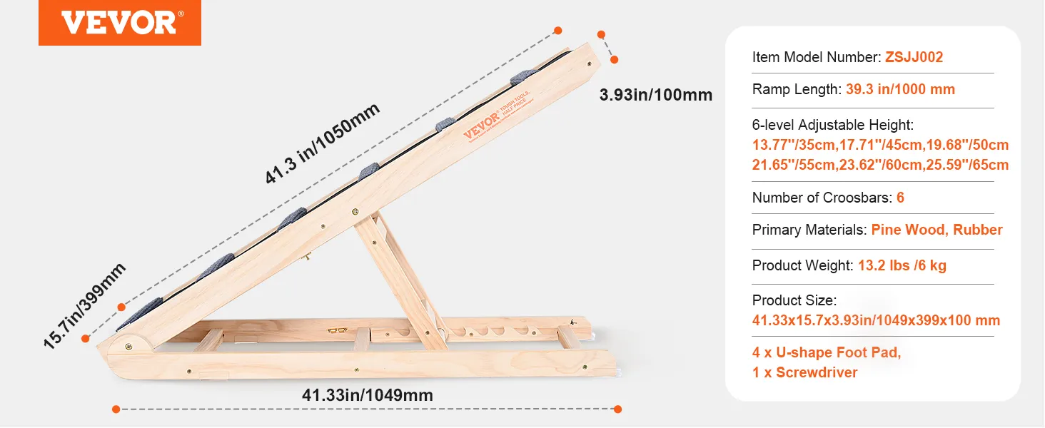 VEVOR dog ramp with 6-level adjustable height, made of pine wood and rubber. ramp length: 39.3 in.