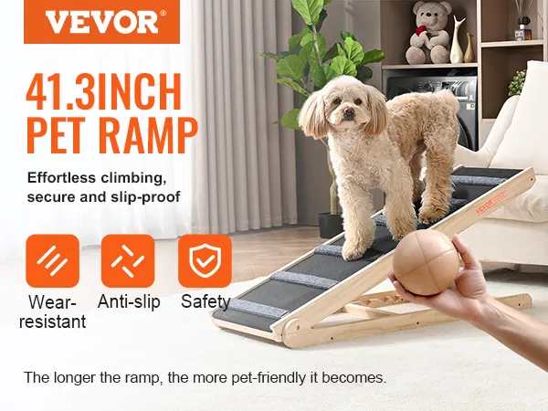 VEVOR dog ramp with anti-slip, wear-resistant, 41.3-inch ramp for pets in a cozy living room setting.