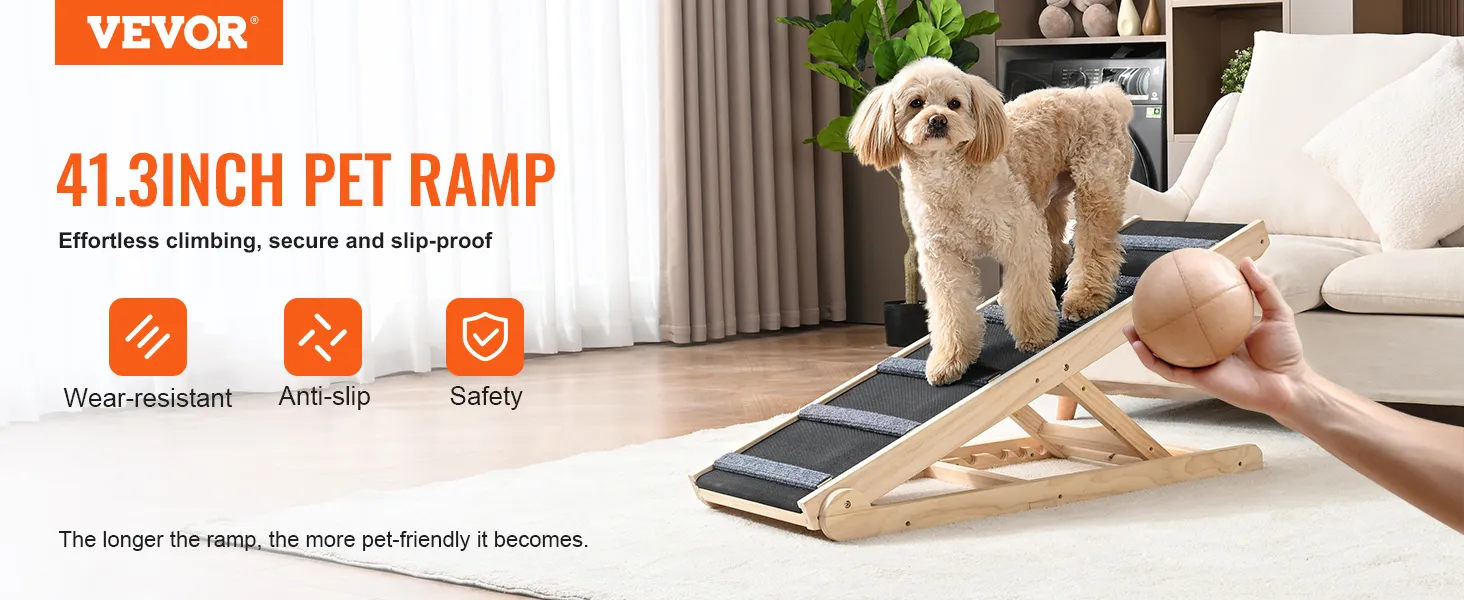 VEVOR dog ramp with anti-slip, wear-resistant, 41.3-inch ramp for pets in a cozy living room setting.