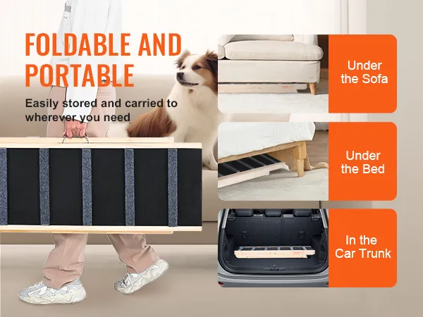 VEVOR dog ramp - foldable and portable for easy storage under the sofa, bed, or in the car trunk.