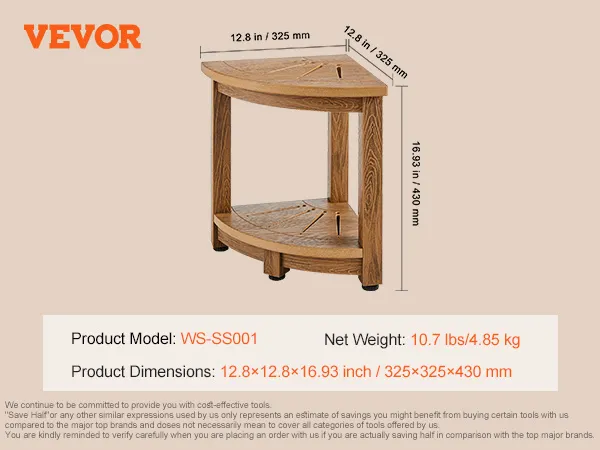 VEVOR corner shower bench, model ws-ss001, 10.7lbs, 12.8x12.8x16.93in, accessories included.