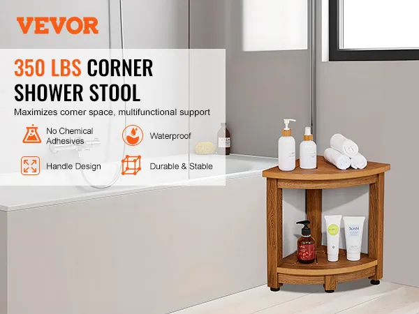 VEVOR corner shower bench next to bathtub with toiletries, featuring waterproof and durable design.