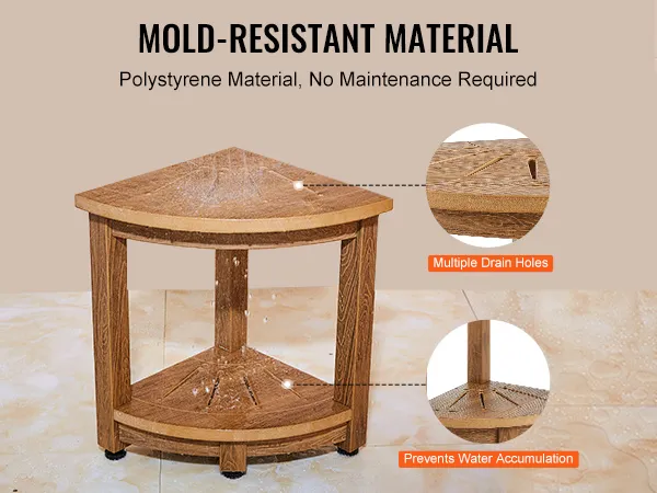mold-resistant VEVOR corner shower bench with multiple drain holes and prevents water accumulation.