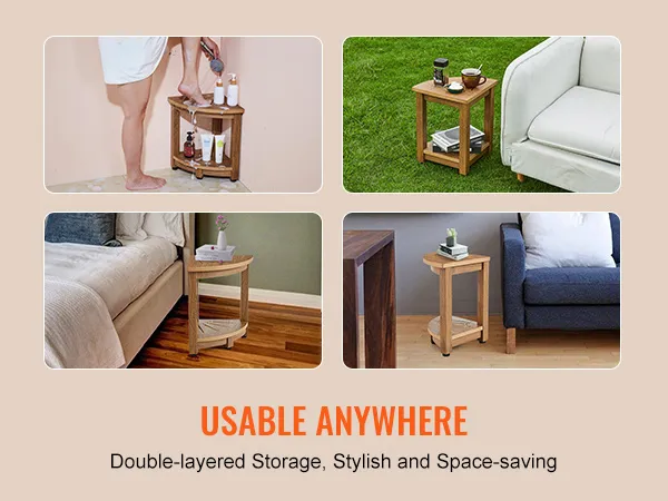 VEVOR corner shower bench, dual-layer wooden design in shower, garden, bedroom, and living room settings