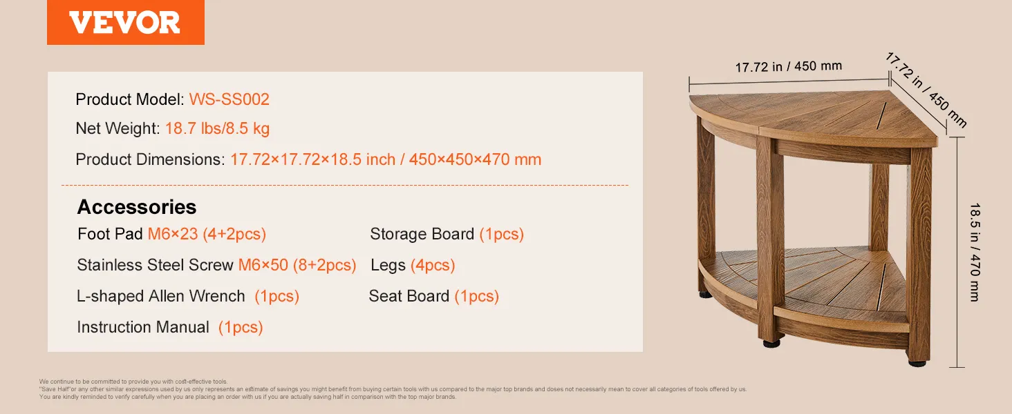 VEVOR Eckduschbank mit Stauraum, Maße 45 x 45 x 47 cm, inkl. Zubehör.