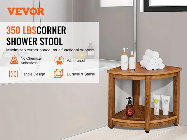 VEVOR Eckduschbank, stabiler Holzhocker neben der Badewanne zur Aufbewahrung von Handtüchern und Flaschen.