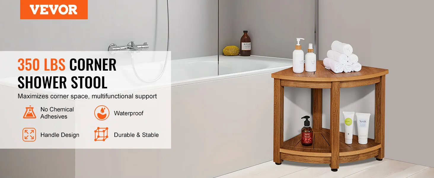 VEVOR Eckduschbank, stabiler Holzhocker neben der Badewanne zur Aufbewahrung von Handtüchern und Flaschen.