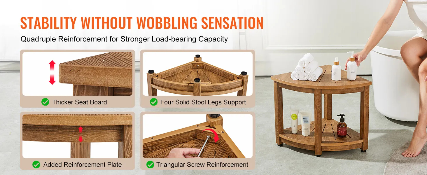 VEVOR Eckduschbank mit dickerer Sitzplatte, vier stabilen Stuhlbeinen und Dreiecksschraubenverstärkung.