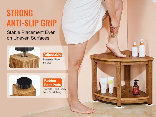 Eckduschbank von VEVOR mit rutschfestem Griff, verstellbaren Edelstahlschrauben und Gummifußpolstern.