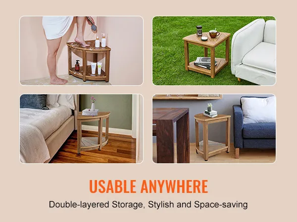 VEVOR Eckduschbank mit doppelstöckigem Stauraum, gezeigt in Badezimmer-, Garten- und Wohnzimmer-Setups.