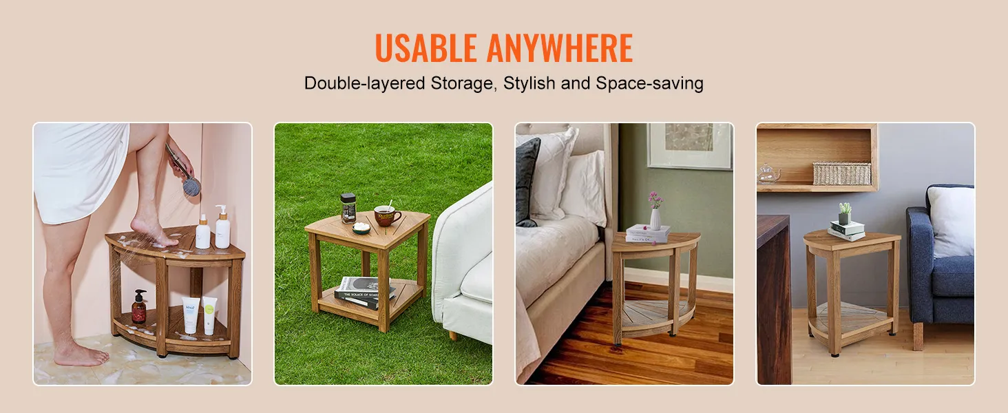 VEVOR Eckduschbank mit doppelstöckigem Stauraum, gezeigt in Badezimmer-, Garten- und Wohnzimmer-Setups.