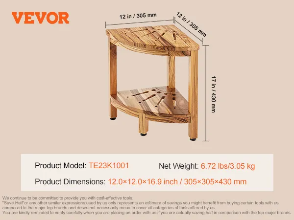 VEVOR teak shower bench dimensions, model te23k1001, weight 6.72 lbs, with listed accessories.