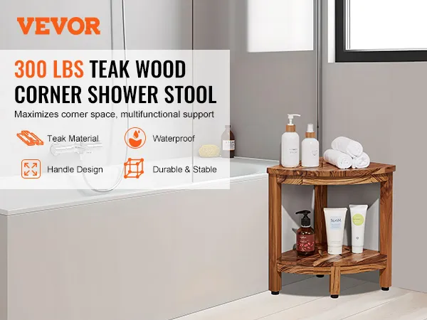VEVOR teak shower bench placed beside a bathtub with toiletries and towels on its two-tier shelves.