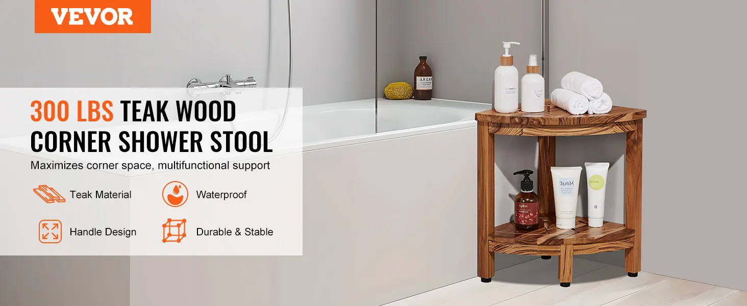 VEVOR teak shower bench placed beside a bathtub with toiletries and towels on its two-tier shelves.