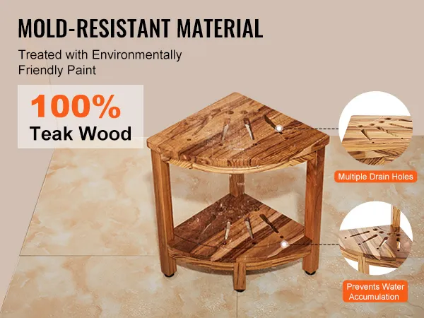 VEVOR teak shower bench in corner, mold-resistant, eco-friendly paint, multiple drain holes, 100% teak wood.