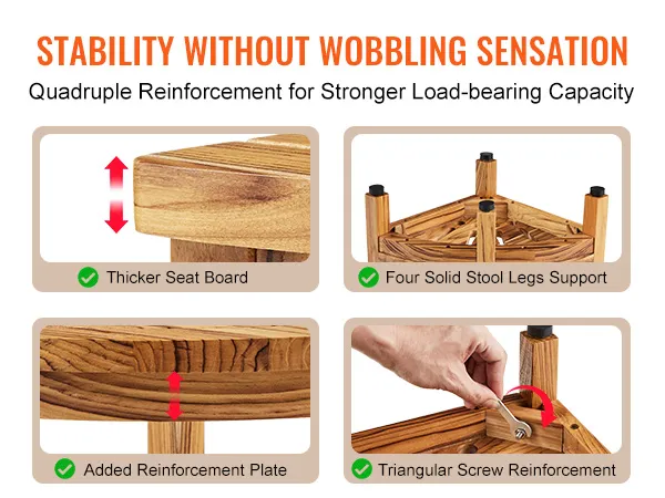 sturdy and stable VEVOR teak shower bench with thicker seat, solid legs, and reinforced screws.