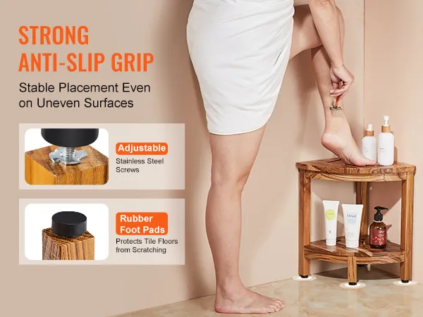VEVOR teak shower bench with strong anti-slip grip, adjustable screws, and rubber foot pads.