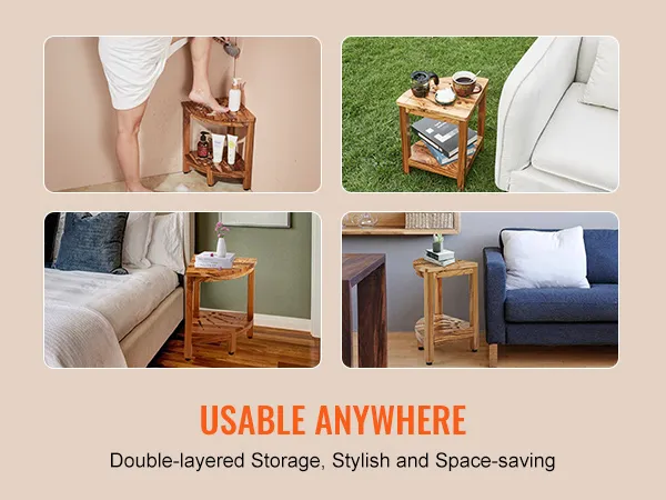 VEVOR teak shower bench: versatile, stylish, double-layered storage for bathroom, living room, and bedroom.