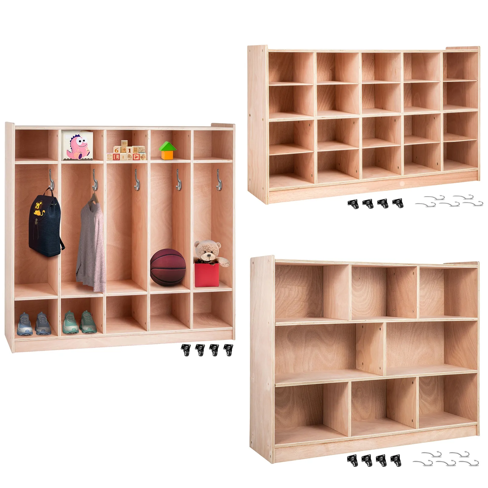 Unidad de almacenamiento de madera VEVOR Cubby con 15 compartimentos y ganchos y ruedas incluidos.