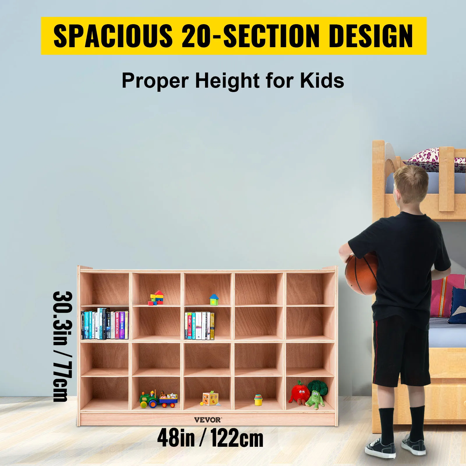 VEVOR cubby storage unit with 20 sections, proper height for kids, measuring 48x30.3 inches.