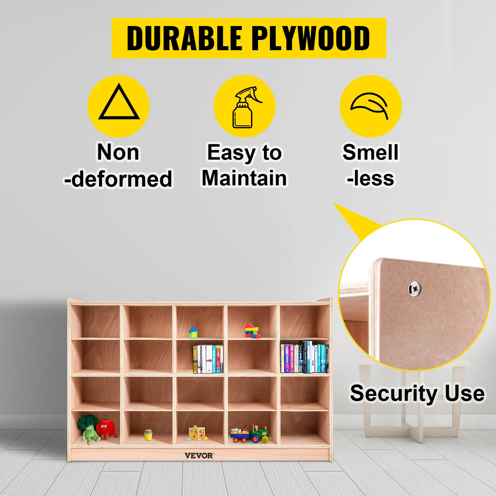 durable VEVOR cubby storage unit made of plywood with books and toys. easy to maintain.