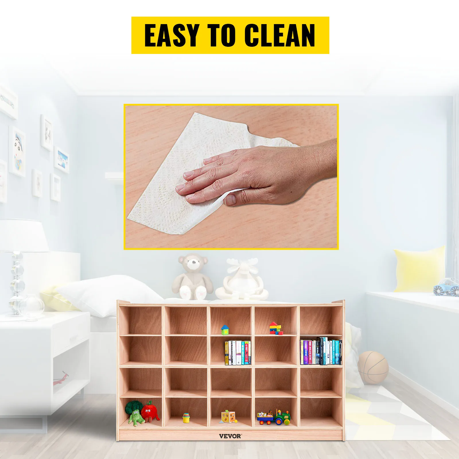 VEVOR cubby storage unit in a child's room with toys, books; easy to clean.
