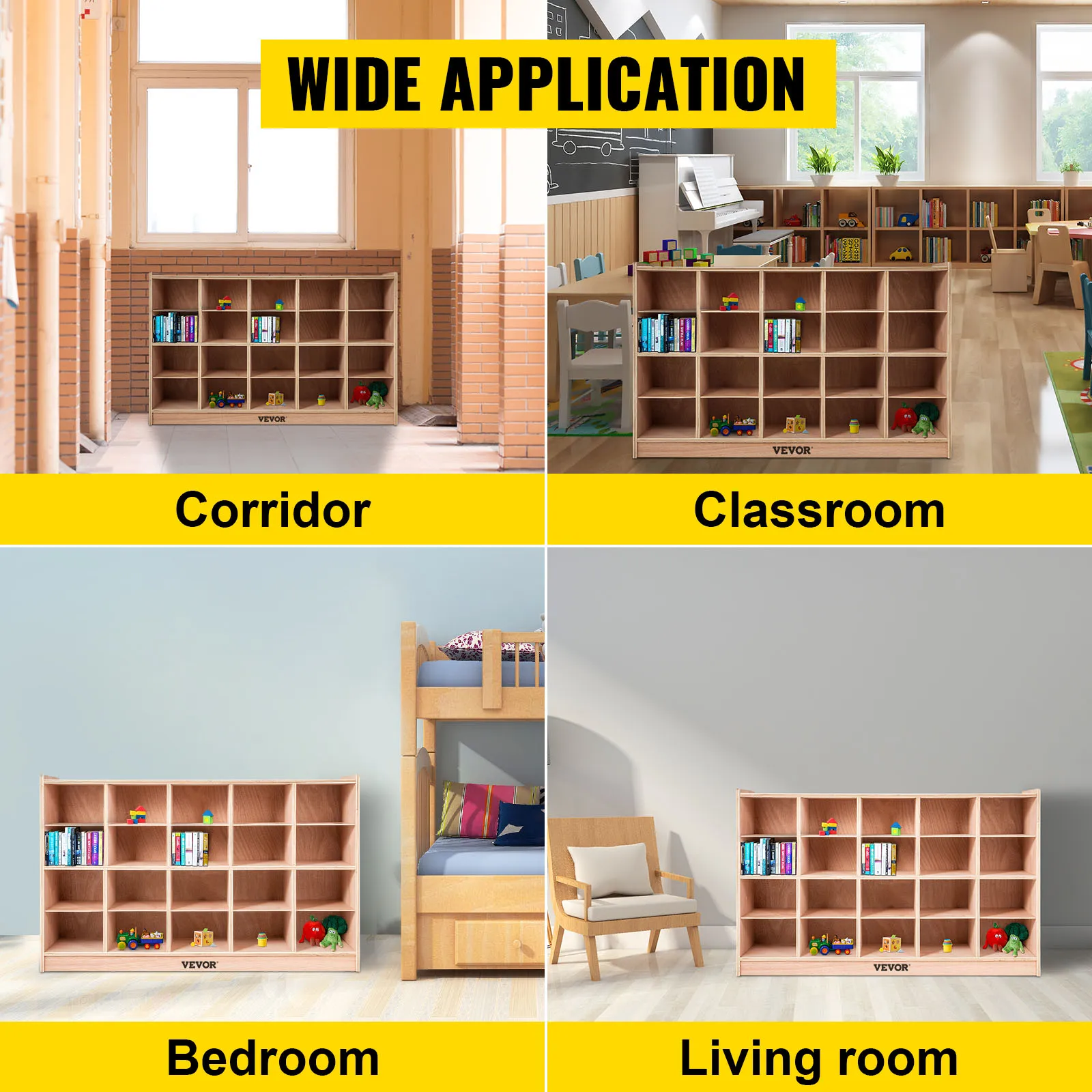 VEVOR cubby storage unit in corridor, classroom, bedroom, and living room settings.