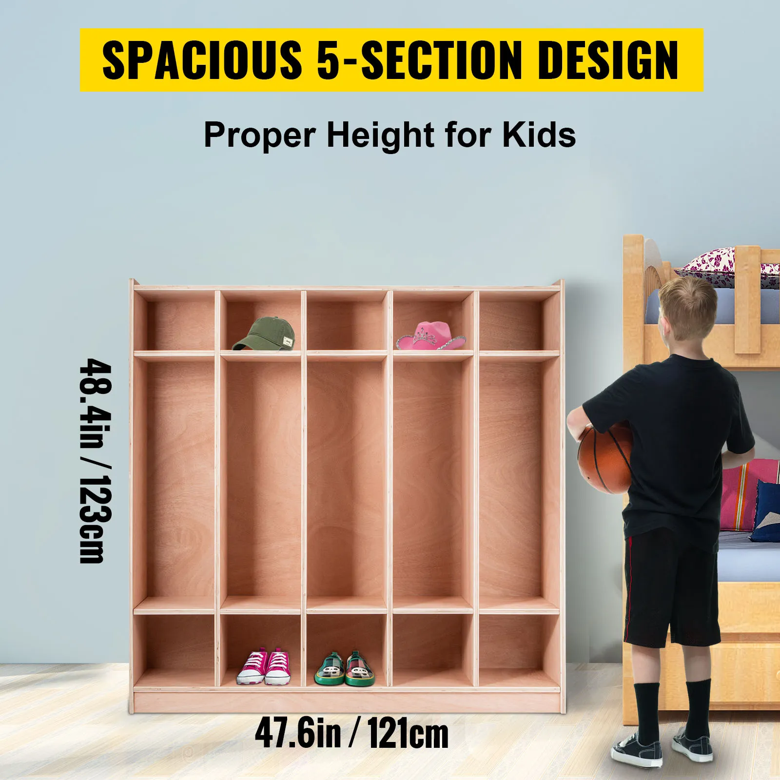 VEVOR preschool cubby lockers with 5 sections, perfect height for kids.