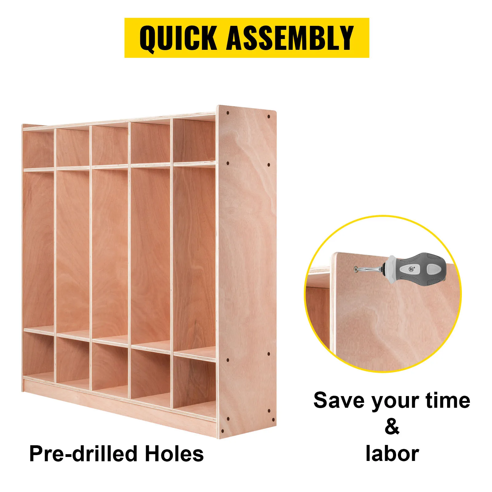 VEVOR preschool cubby lockers with pre-drilled holes for quick assembly.