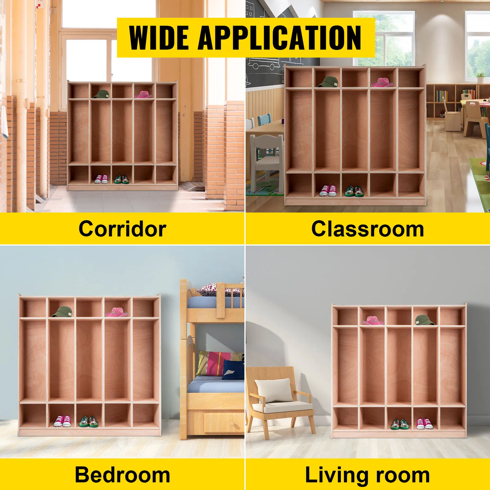 VEVOR preschool cubby lockers in corridor, classroom, bedroom, and living room.