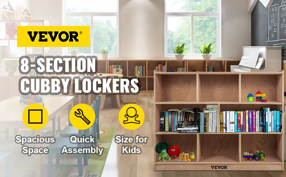 Armario de almacenamiento para aula VEVOR con casilleros de 8 secciones en un aula luminosa.