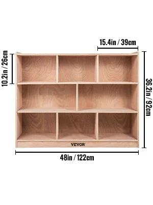 Armario de almacenamiento para aula VEVOR con múltiples compartimentos y dimensiones etiquetadas.