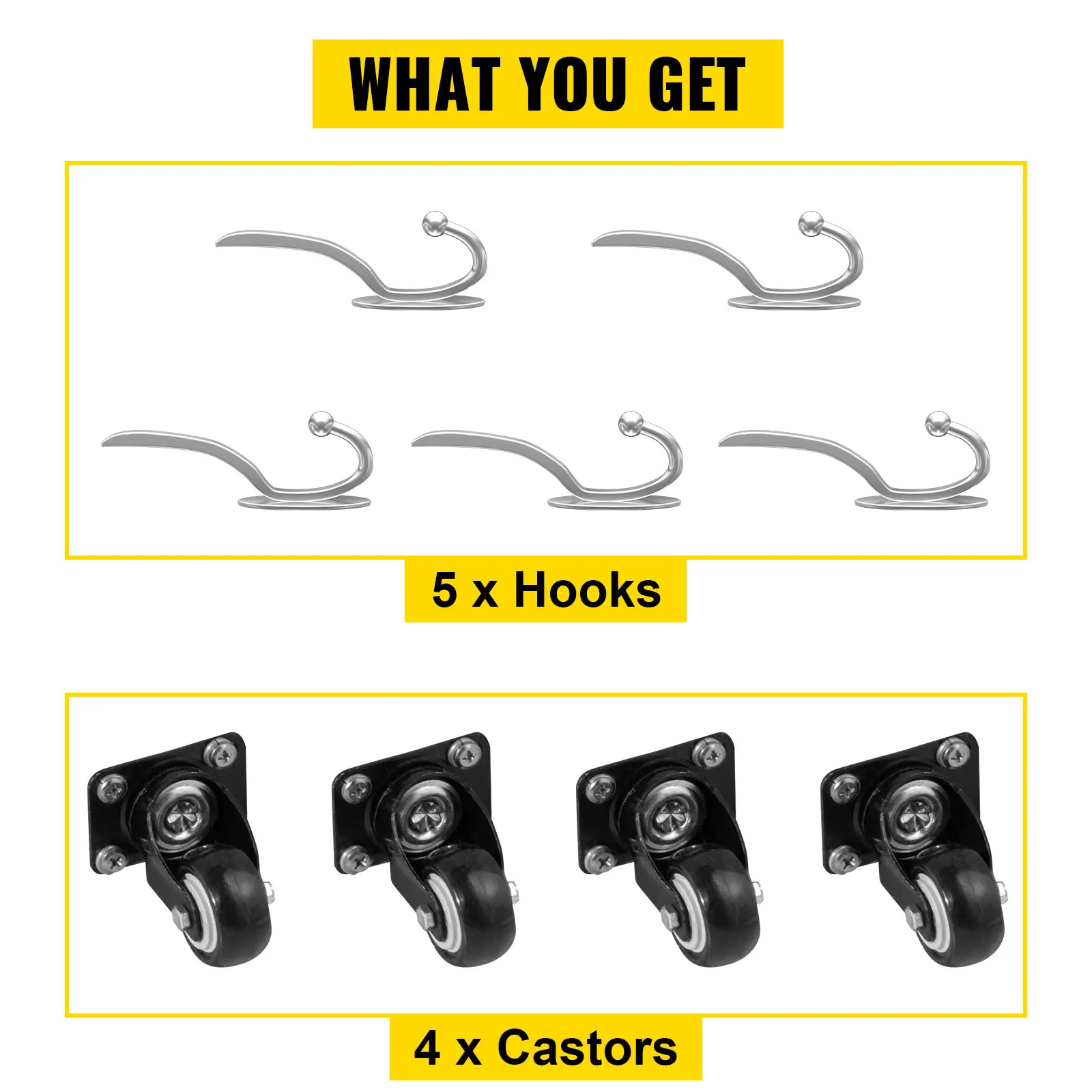 5 ganchos y 4 ruedas para armario de almacenamiento de aula VEVOR mostrados sobre fondo blanco.