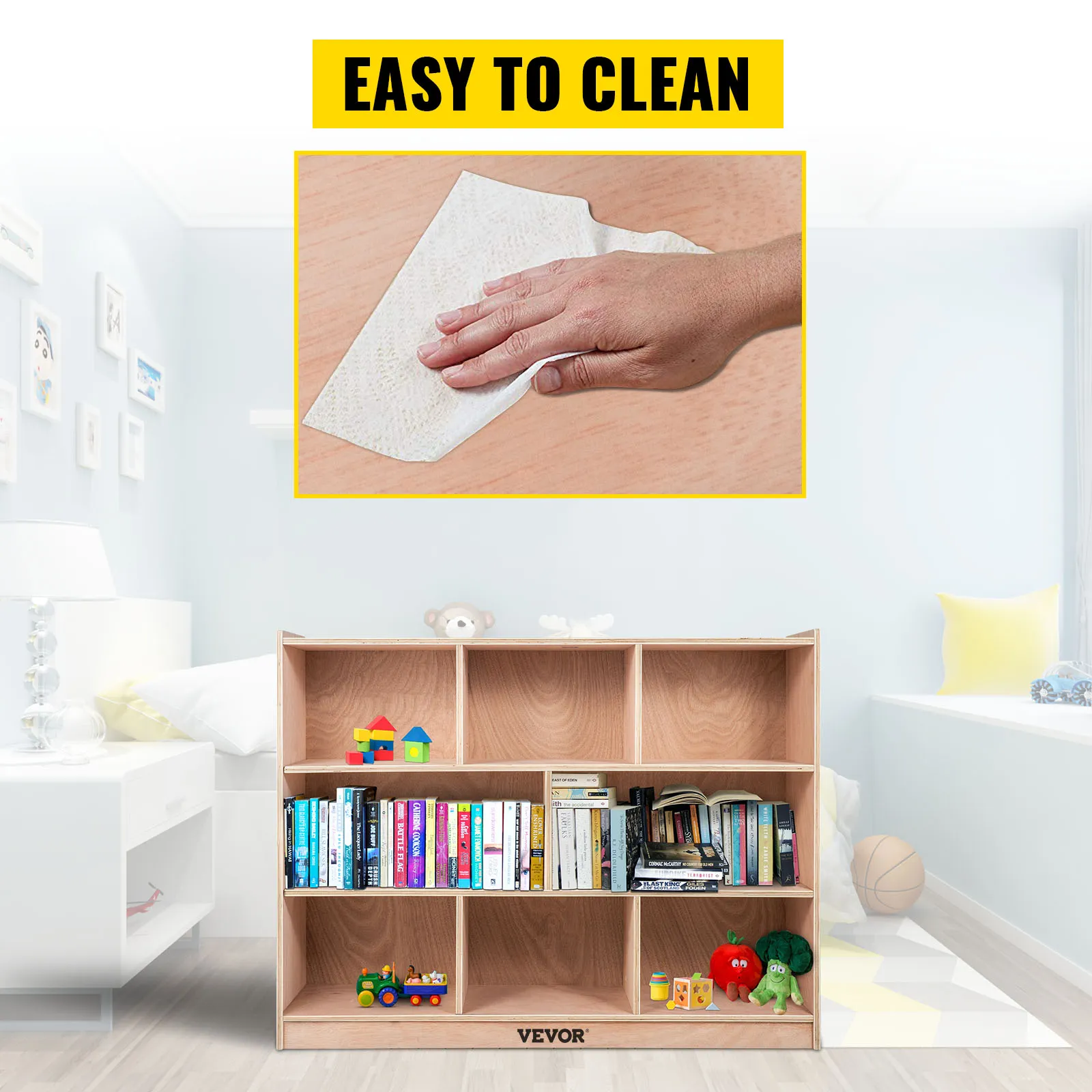 Armario de almacenamiento para el aula VEVOR en una habitación infantil ordenada y colorida, con la etiqueta "fácil de limpiar".