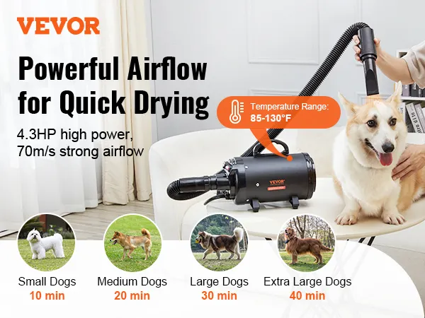 VEVOR dog dryer with 4.3hp power, quick drying for small to extra-large dogs, temperature range 85-130°f.