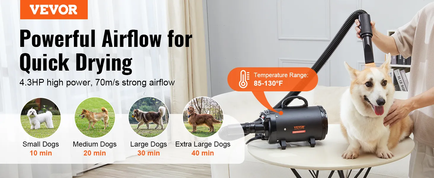 VEVOR dog dryer with 4.3hp power, quick drying for small to extra-large dogs, temperature range 85-130°f.