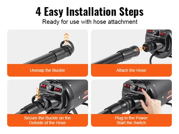 4-step installation guide for VEVOR dog dryer: unsnap buckle, attach hose, secure buckle, plug in and start.