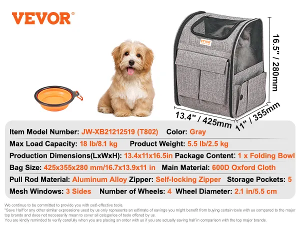 VEVOR rolling pet carrier backpack, gray with 5 storage pockets, mesh windows, and folding bowl.