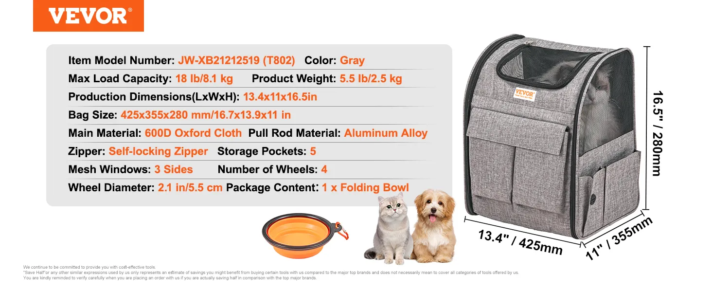 VEVOR rolling pet carrier backpack, gray with 5 storage pockets, mesh windows, and folding bowl.