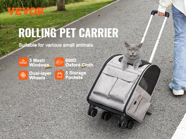 VEVOR rolling pet carrier backpack with cat, featuring mesh windows, storage pockets, dual-layer wheels.