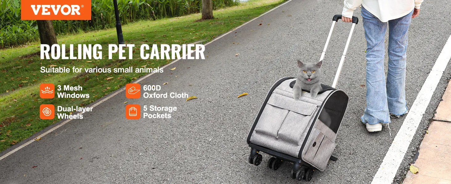 VEVOR rolling pet carrier backpack with cat, featuring mesh windows, storage pockets, dual-layer wheels.