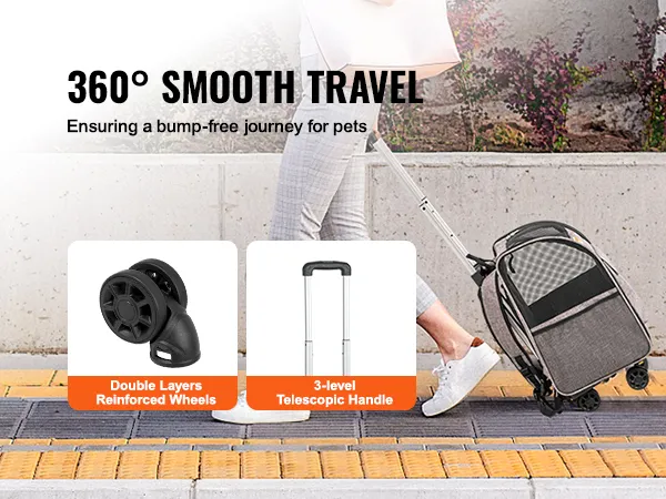 woman walking with VEVOR rolling pet carrier backpack, featuring double layers reinforced wheels and a 3-level telescopic handle.