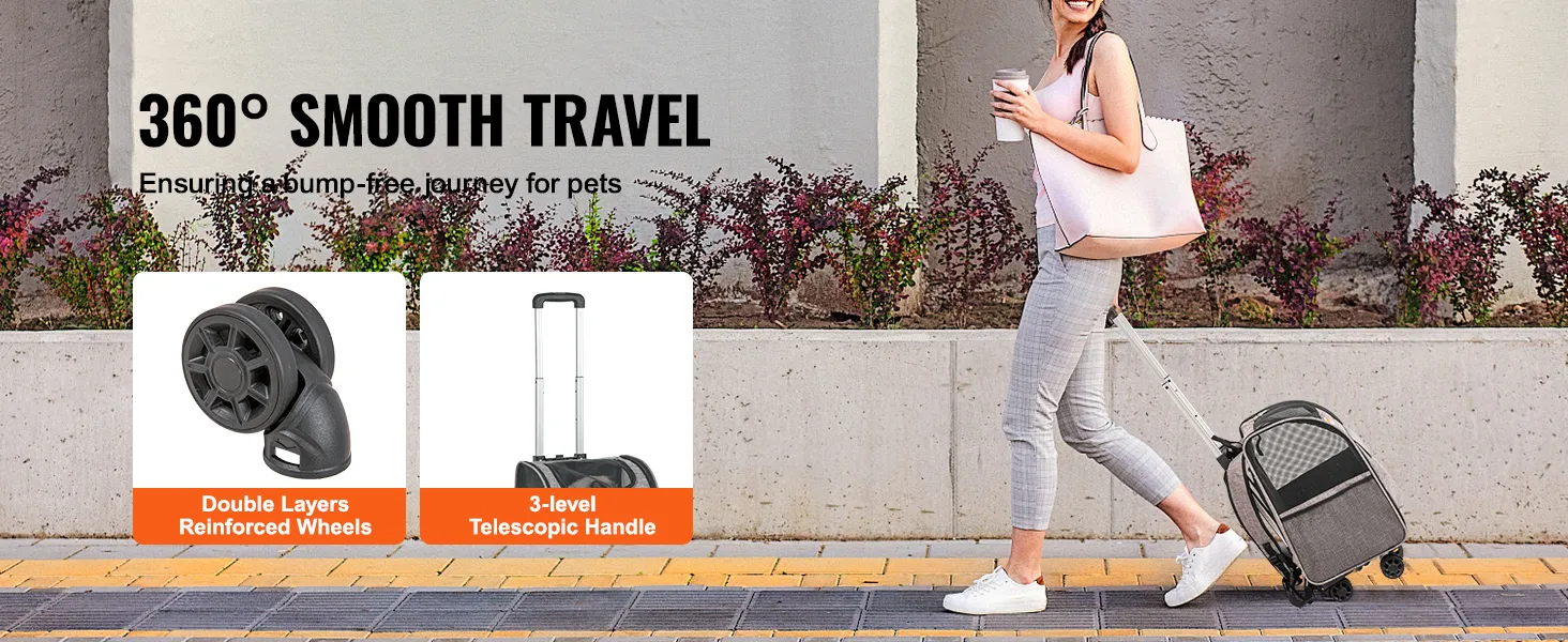 woman walking with VEVOR rolling pet carrier backpack, featuring double layers reinforced wheels and a 3-level telescopic handle.