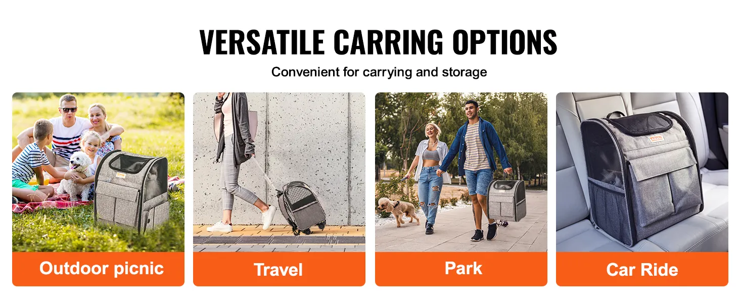VEVOR rolling pet carrier backpack: versatile for outdoor picnic, travel, park, and car ride.